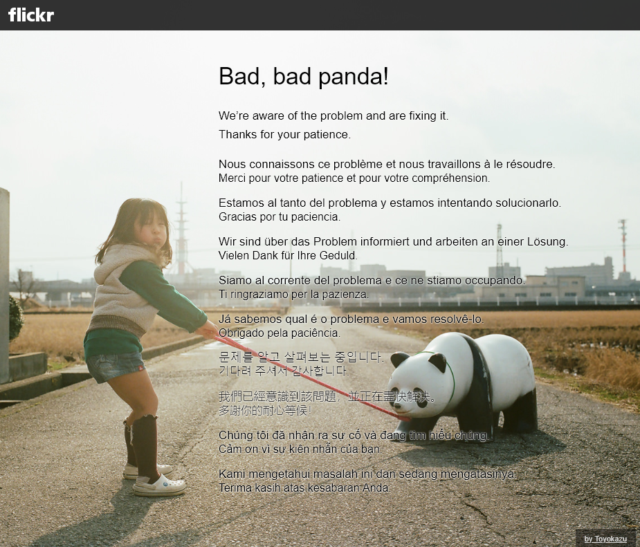 A young child is playfully pulling on a leash attached to a panda-shaped object, with a multilingual text about resolving an issue overlaying the scene.